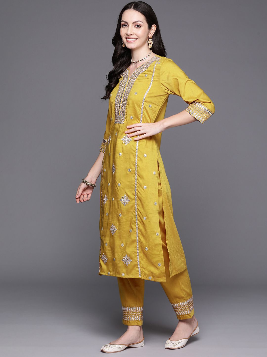 Dhiyona IE Women Ethnic Motifs Embroidered Gotta Patti Kurta with Trousers & Dupatta