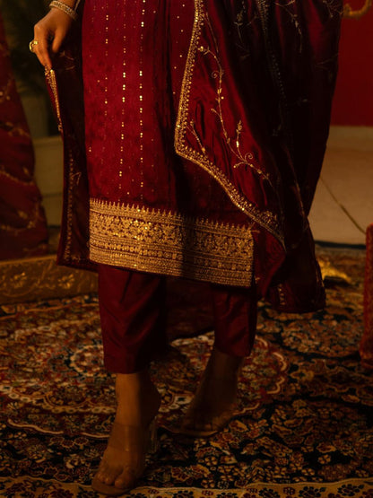 Women Ethnic Motifs Embroidered Regular Sequinned Kurta with Trousers & With Dupatta