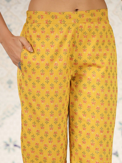 Dhiyona OD  Ethnic Motifs Printed Band Collar Pure Cotton Kurta with Trousers