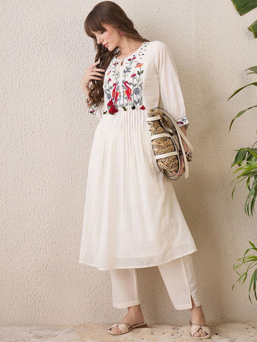 Dhiyona IE Floral Yoke Design Tie-Up Neck Thread Work Pure Cotton A-Line Kurta With Trouser