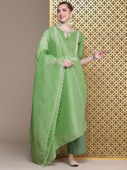 Dhiyona PD Women Jashn Ethnic Motifs Embroidered Pure Cotton Kurta with Palazzos & Dupatta