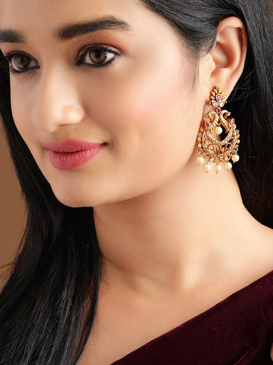 Dhiyona RJ Women's 22K Gold Plated Ruby & Emerald Kundan StoneStudded & Pearls Beads Chandbali Earring