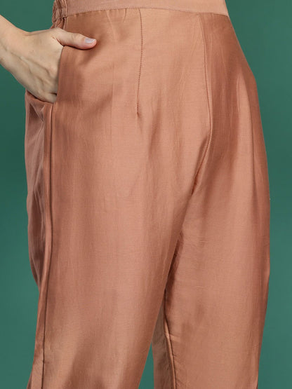 Dhiyona IE Ethnic Motifs Printed Thread Work Chanderi Silk Kurta With Trousers & Dupatta