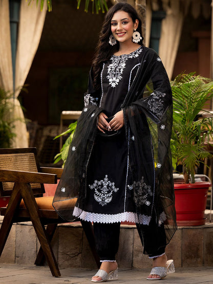 Dhiyona VA Women'sEthnic Motif Thread Embroidered A-Line Kurta With Afghani Trouser & Dupatta