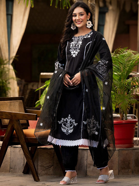 Dhiyona VA Women'sEthnic Motif Thread Embroidered A-Line Kurta With Afghani Trouser & Dupatta