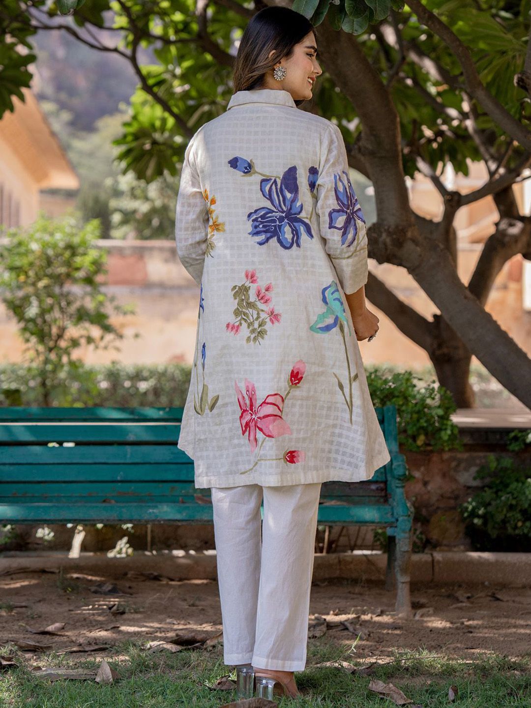 Dhiyona IE Floral Printed Shirt Collar Pure Cotton Tunic With Trouser