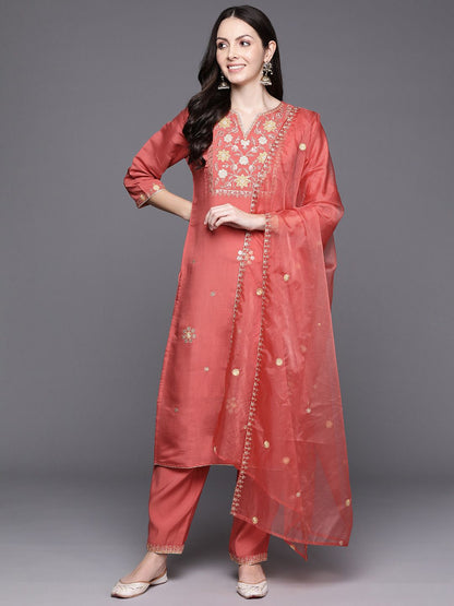 Women Floral Embroidered Regular Sequinned Kurta with Trousers & With Dupatta