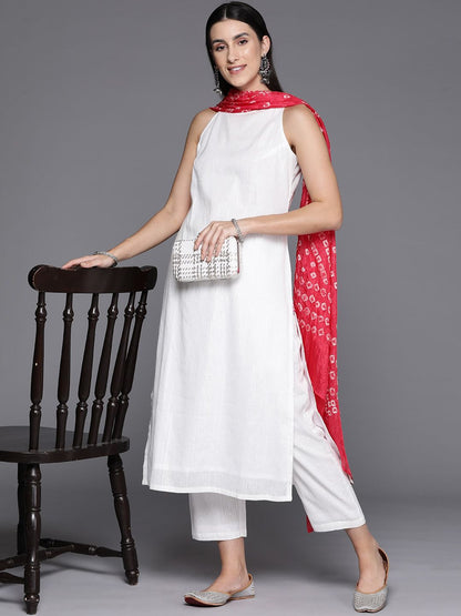Dhiyona VA Women'sBoat Neck Sleeveless Straight Pure Cotton Kurta Set With Dupatta