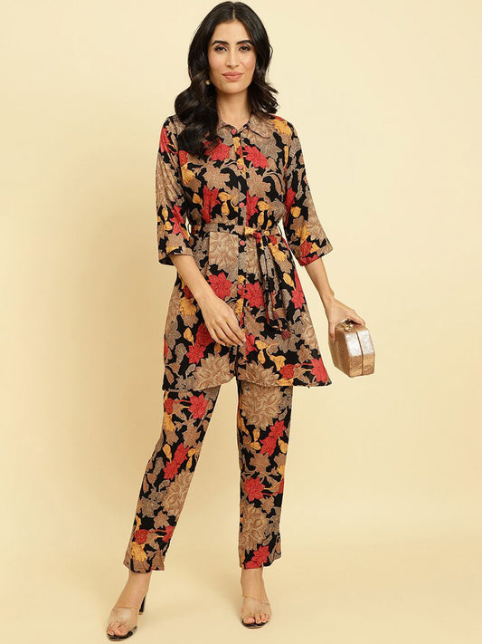 Dhiyona VA Women'sFloral Printed Shirt Collar Fusion Kurta With Trousers
