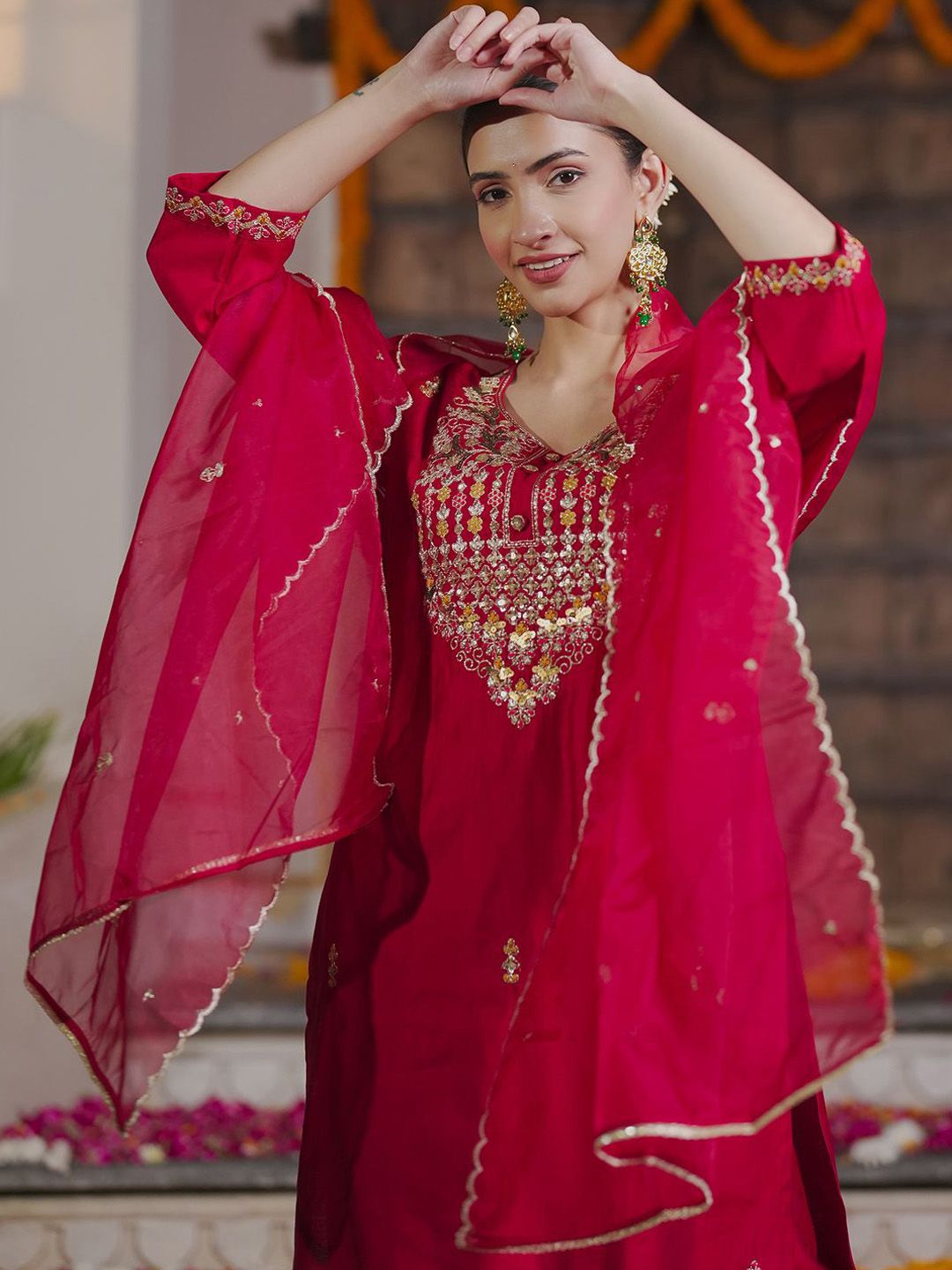 Dhiyona IE Embroidered Sequinned Straight Kurta With Trousers & Dupatta