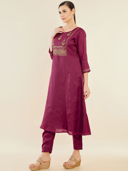 Dhiyona SO Women's Maroon Ethnic Motifs Embroidered Regular Sequinned A-Line Kurta With Trousers