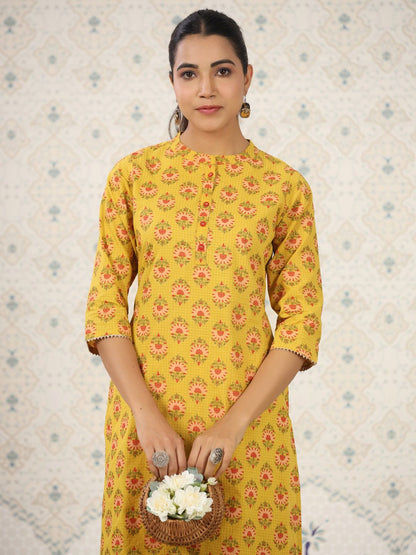 Dhiyona OD  Ethnic Motifs Printed Band Collar Pure Cotton Kurta with Trousers