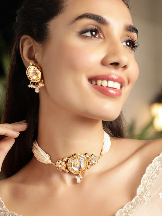 Dhiyona RJ Women's 22K Gold Plated Handcrafted Kundan & Pearl Choker NecklaceSet with Thread Detailing