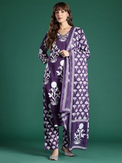 Dhiyona IE Floral Printed Mirror Work Pure Cotton Kurta with Trousers & With Dupatta