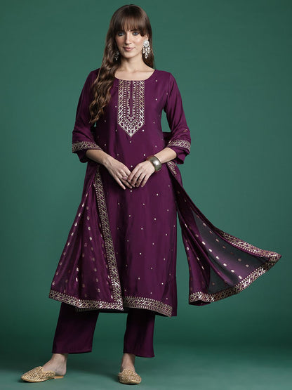 Ethnic Motifs Embroidered Sequinned Kurta with Trousers & With Dupatta
