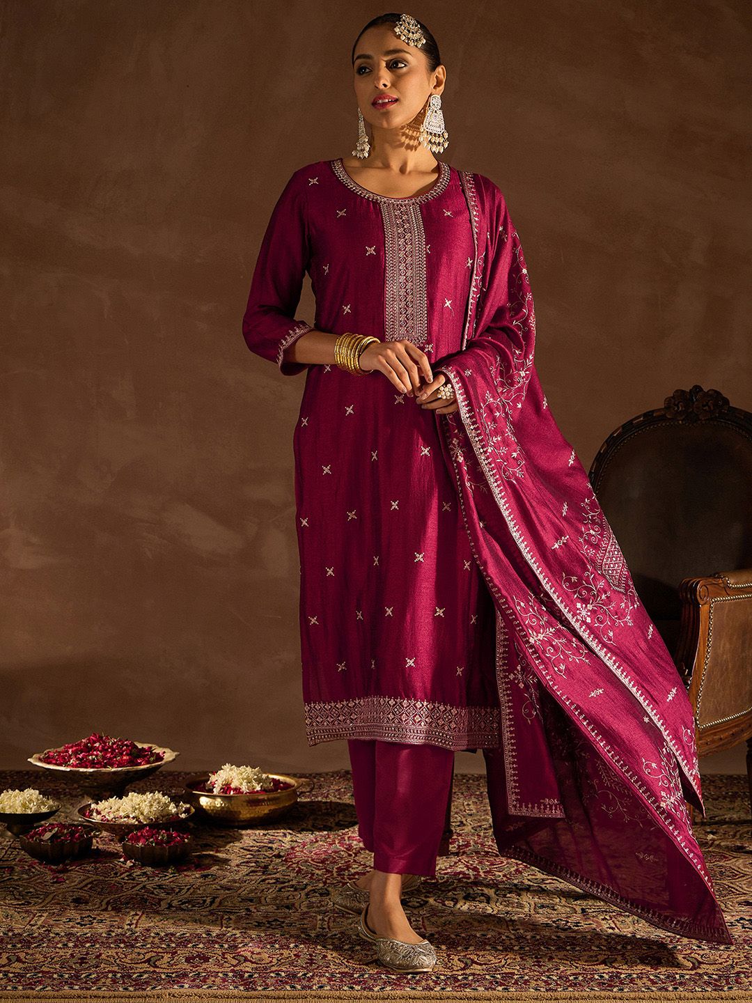Dhiyona IE Maroon Ethnic Motifs Embroidered Thread Work Kurta with Trousers & Dupatta