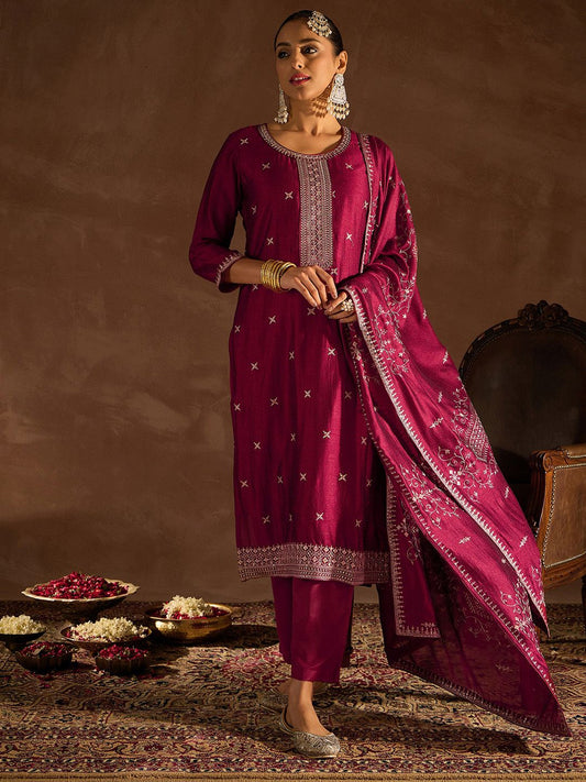 Dhiyona IE Maroon Ethnic Motifs Embroidered Thread Work Kurta with Trousers & Dupatta