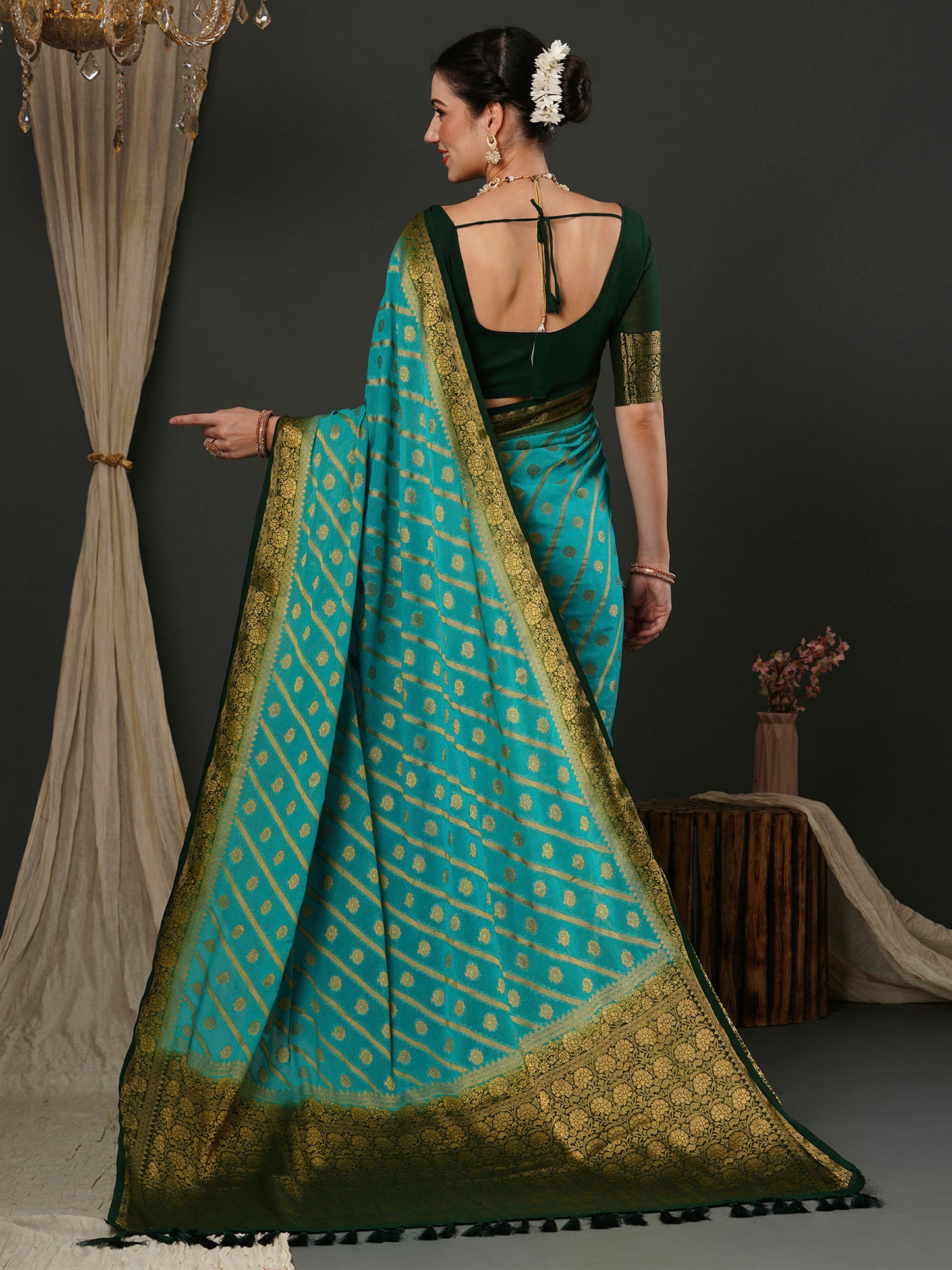 Women's Georgette Blue Woven Design Designer Saree With Blouse Piece