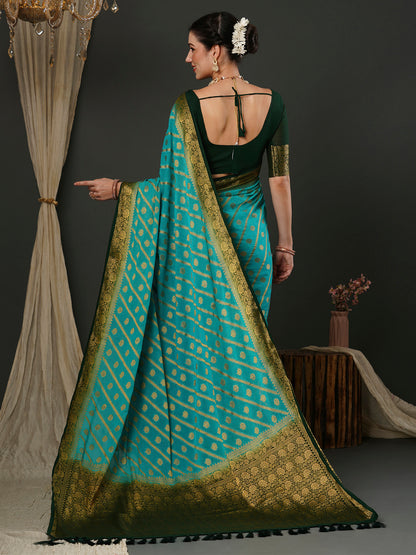 Women's Georgette Blue Woven Design Designer Saree With Blouse Piece