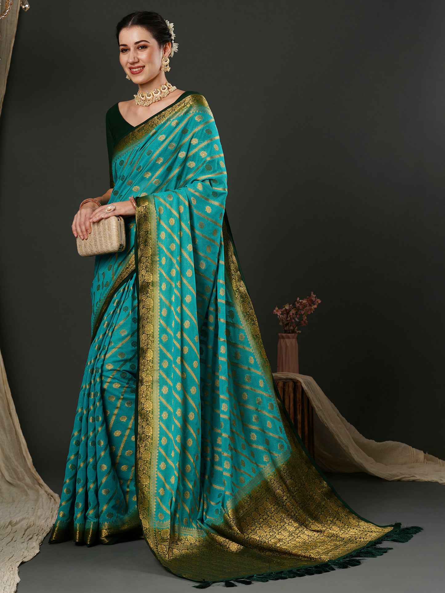 Women's Georgette Blue Woven Design Designer Saree With Blouse Piece