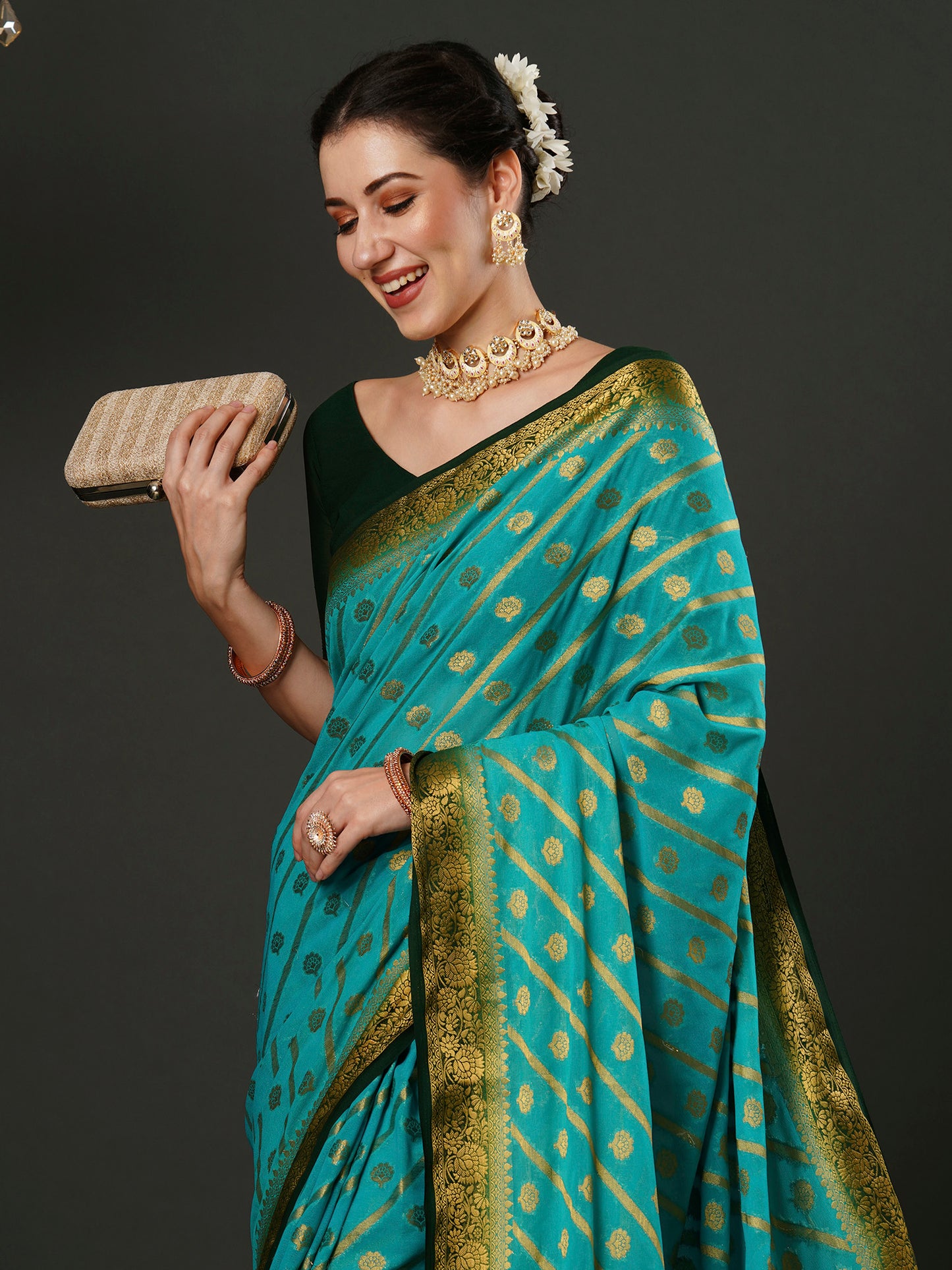 Women's Georgette Blue Woven Design Designer Saree With Blouse Piece