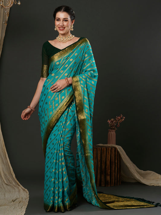 Women's Georgette Blue Woven Design Designer Saree With Blouse Piece