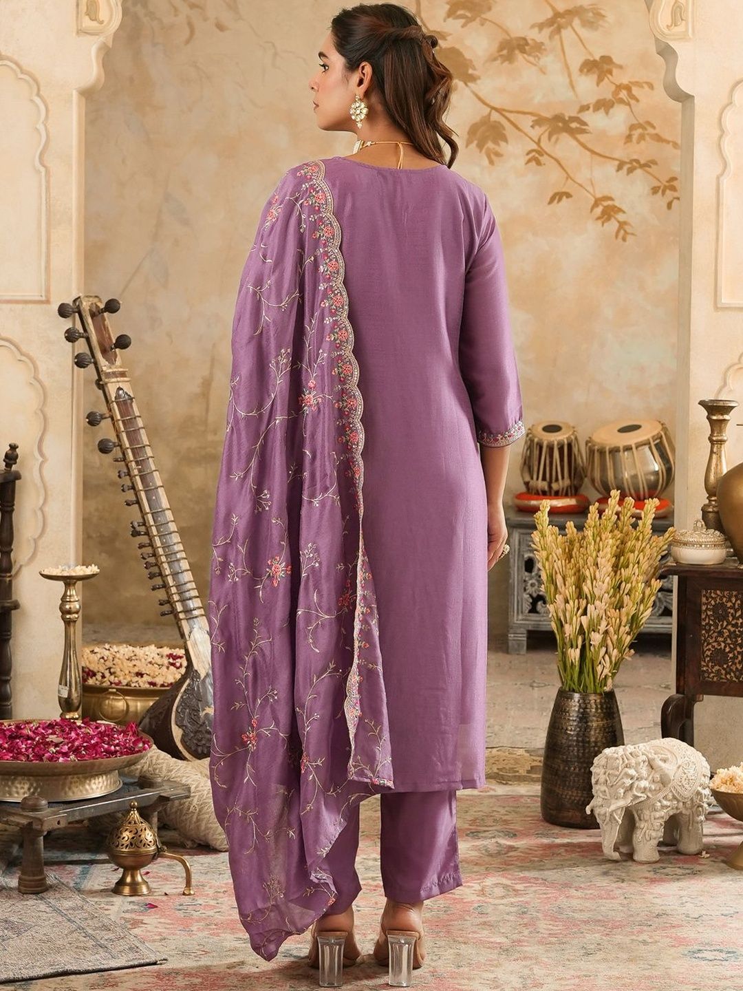 Women Ethnic Motifs Embroidered Regular Kurta with Trousers & With Dupatta