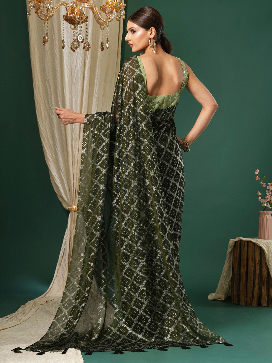 Women's Chiffon Light Green Printed Designer Saree With Blouse Piece