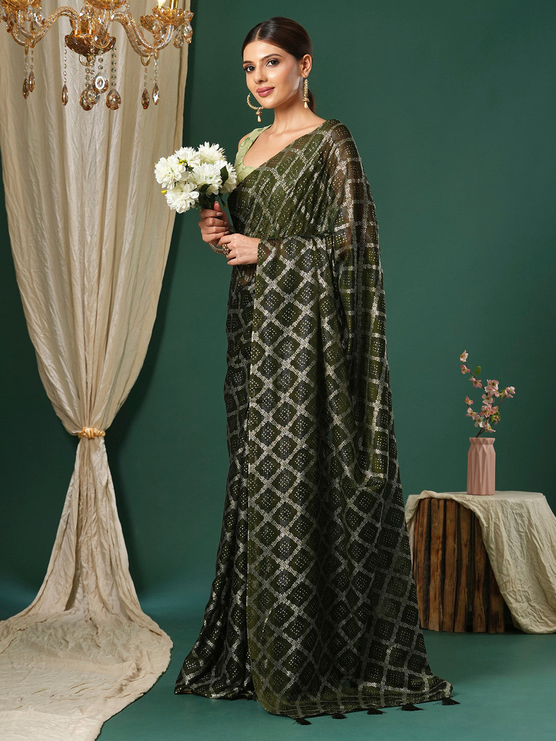 Women's Chiffon Light Green Printed Designer Saree With Blouse Piece