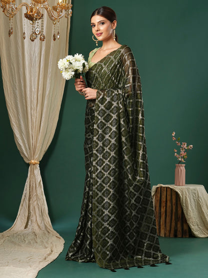 Women's Chiffon Light Green Printed Designer Saree With Blouse Piece