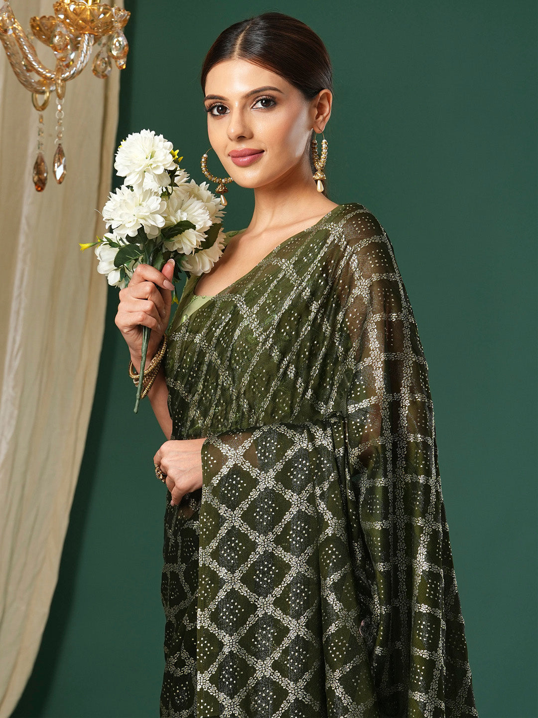 Women's Chiffon Light Green Printed Designer Saree With Blouse Piece