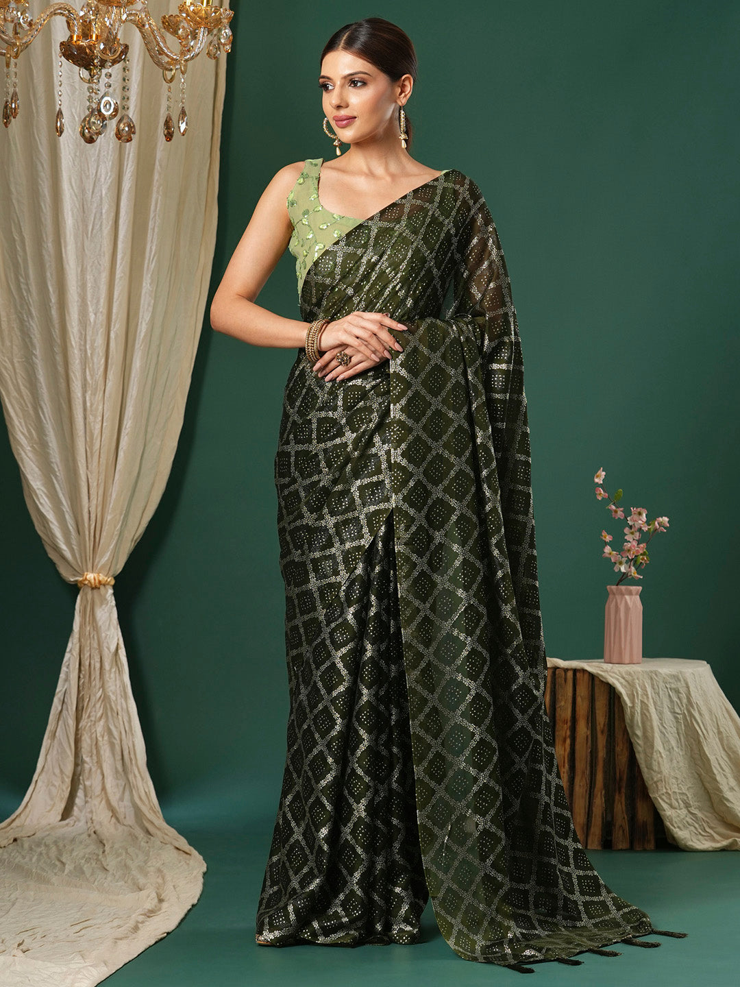 Women's Chiffon Light Green Printed Designer Saree With Blouse Piece