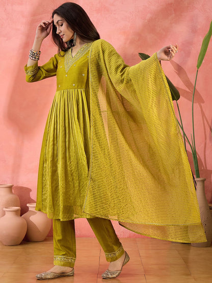 Dhiyona SN Women's Mustard Floral Embroidered V-Neck Kurta With Pant And Dupatta
