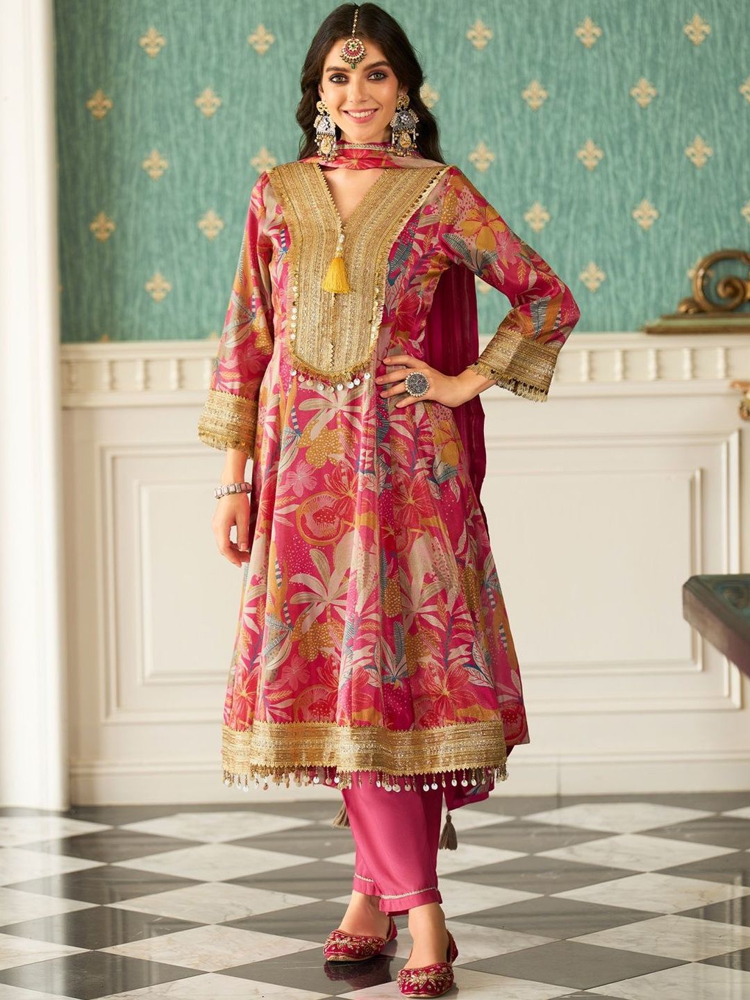 Dhiyona IE Floral Printed V-Neck Zari Anarkali Kurta & Trousers With Dupatta