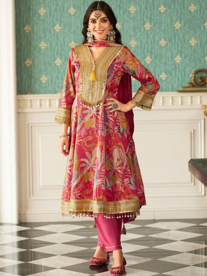 Floral Printed V-Neck Zari Anarkali Kurta & Trousers With Dupatta