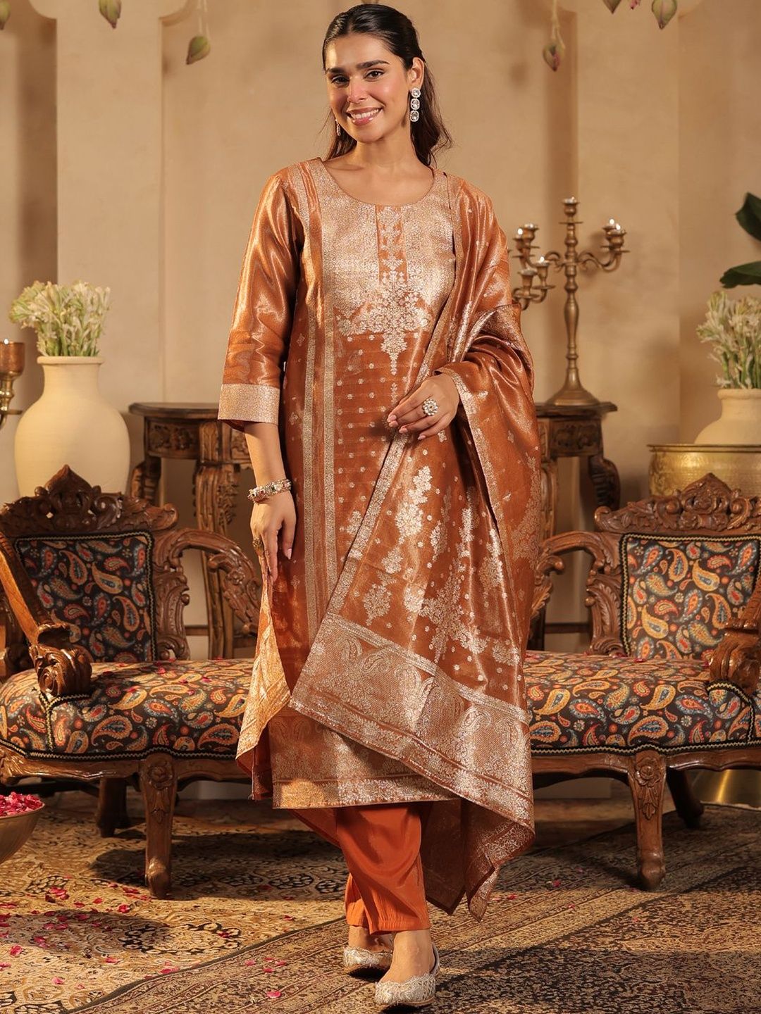 Ethnic Motifs Woven Design Round Neck Straight Kurta &Trousers With Dupatta