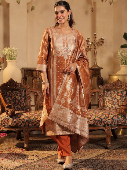 Ethnic Motifs Woven Design Round Neck Straight Kurta &Trousers With Dupatta