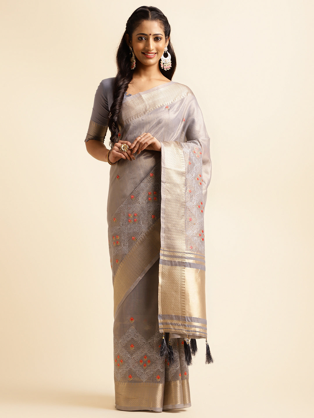 Dhiyona GR Women's Savi Grey Cotton Khadi Silk Saree