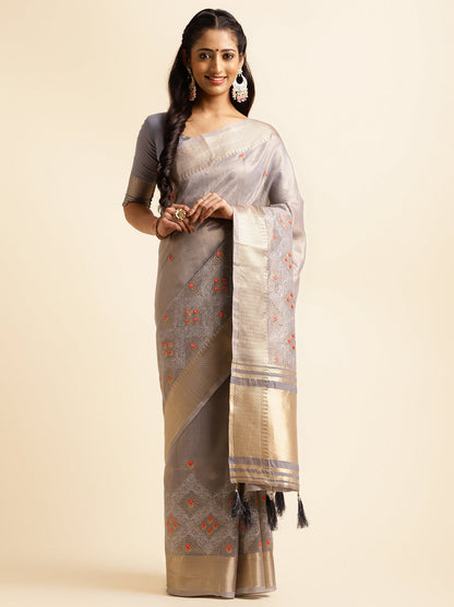 Dhiyona GR Women's Savi Grey Cotton Khadi Silk Saree