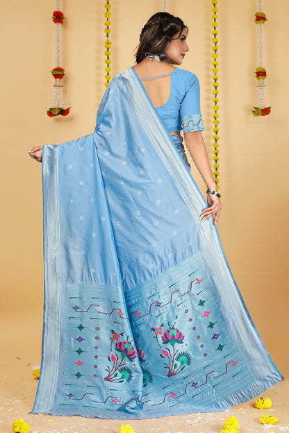 Dhiyona GR Women's Mastani Sky Blue Zari Paithani Silk Saree