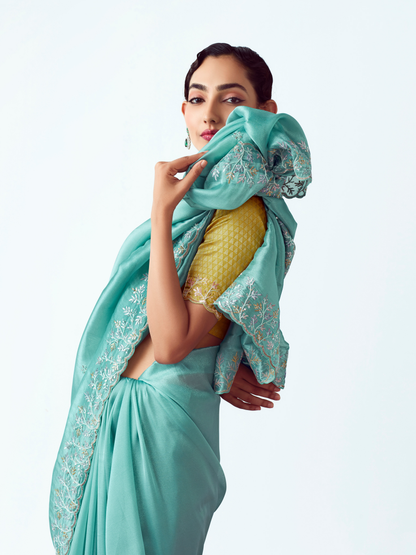 Dhiyona KM Women Sky Blue Organza Silk Saree