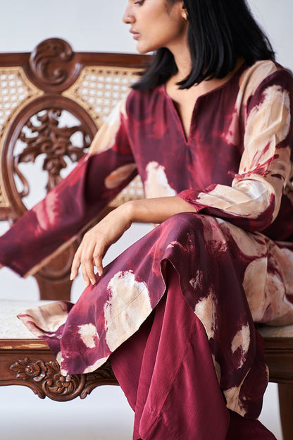 Women's Maroon and Beige Bemberg Silk Printed Co-ord Set