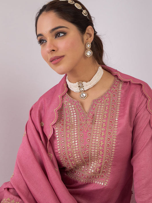 Dhiyona IE Floral Yoke Design Notch Neck Zari Straight Kurta With Trouser And Dupatta