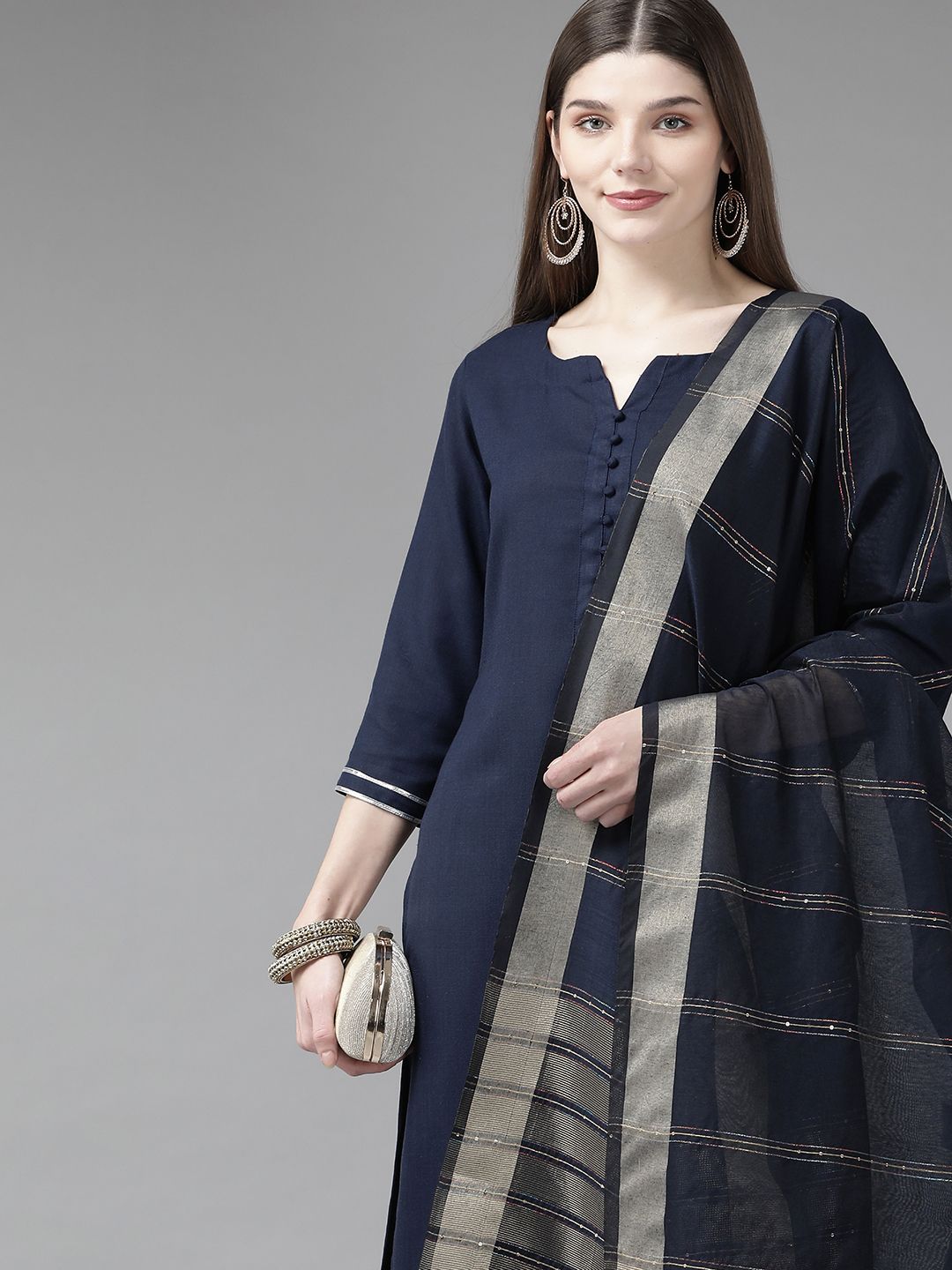 Women Navy Blue Kurta with Palazzos & With Dupatta