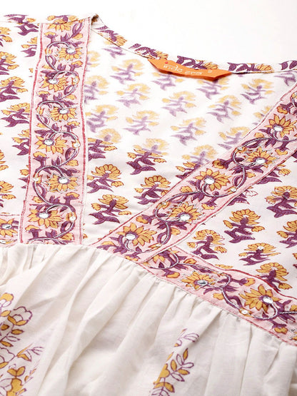 Dhiyona IE Ethnic Motifs Printed Empire Mirror Work Pure Cotton Kurta Set
