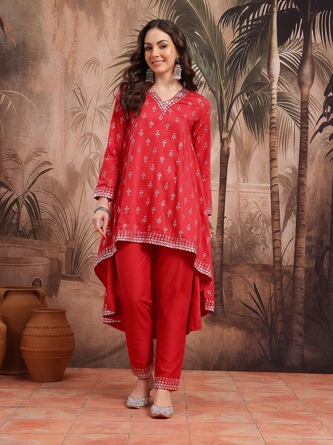Dhiyona SN Women's Ethnic Motifs Printed with Foil Technique Regular Kurta with Trousers