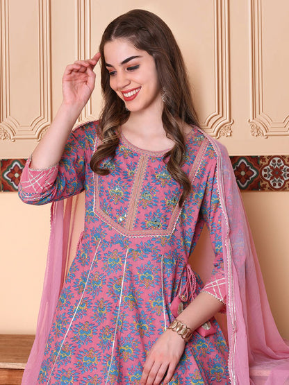 Dhiyona IS Women's Floral Printed Pure Cotton Anarkai Kurta with Sharara & Dupatta