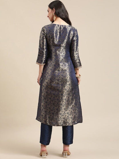 Dhiyona VA Women's Blue & Gold Floral Brocade Gotta Patti Straight Winter Kurta with Trousers