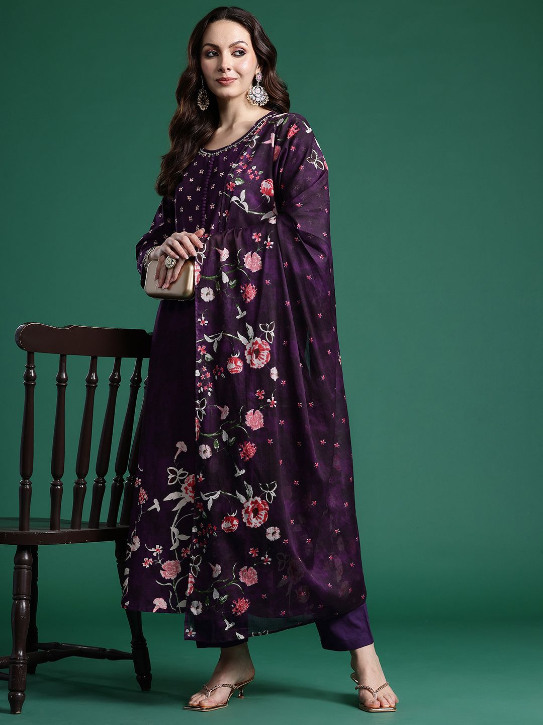 Floral Printed Pure Cotton Kurta with Trousers & Dupatta