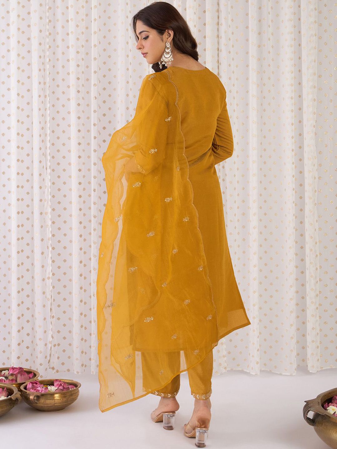 Dhiyona IE Floral Embroidered Gotta Patti Straight Kurta With Trousers & Dupatta